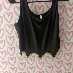 Black Beaded Fringe Tank Top